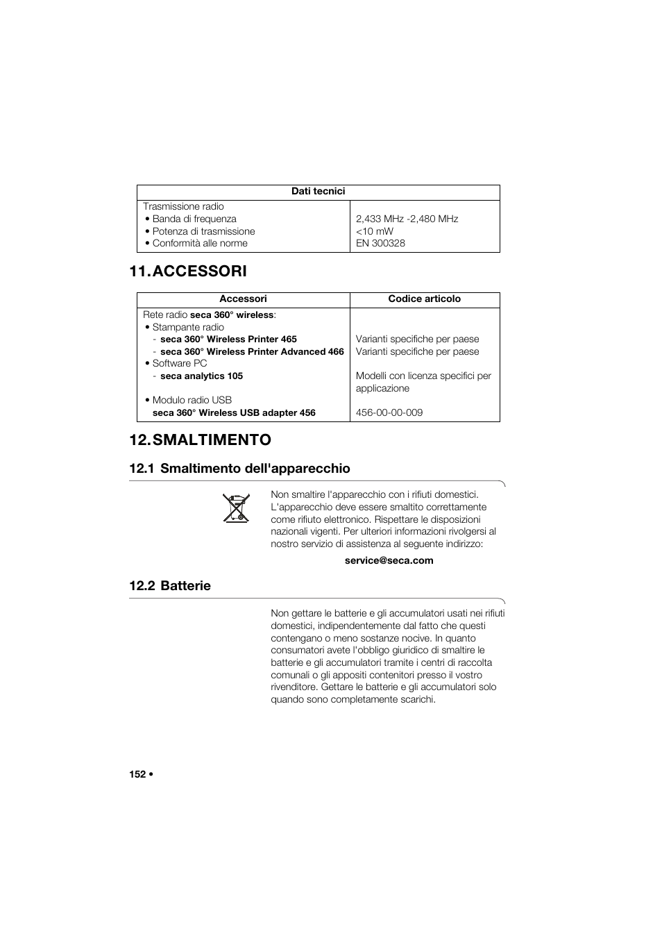 Accessori, Smaltimento, 1 smaltimento dell'apparecchio | 2 batterie, Accessori 12. smaltimento | Seca 264 User Manual | Page 152 / 275