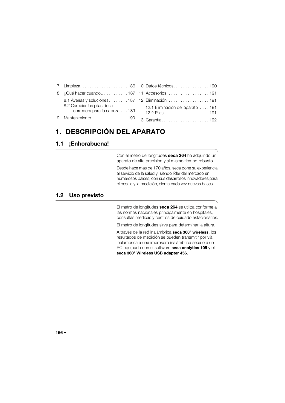 Descripción del aparato, 1 ¡enhorabuena, 2 uso previsto | Seca 264 User Manual | Page 156 / 275