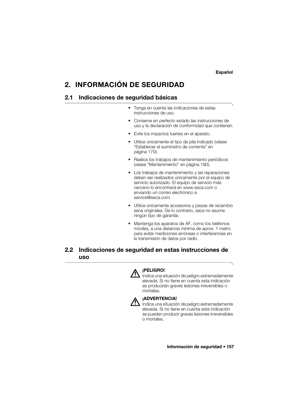 Información de seguridad, 1 indicaciones de seguridad básicas | Seca 264 User Manual | Page 157 / 275