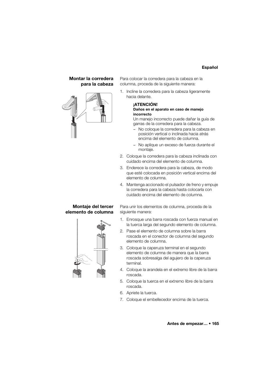 Montar la corredera para la cabeza, Montaje del tercer elemento de columna | Seca 264 User Manual | Page 165 / 275