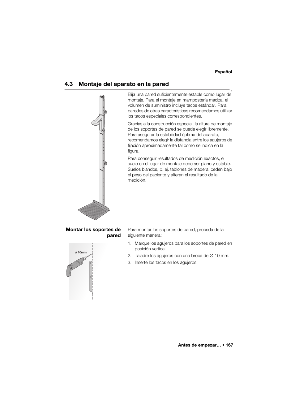 3 montaje del aparato en la pared, Montar los soportes de pared | Seca 264 User Manual | Page 167 / 275