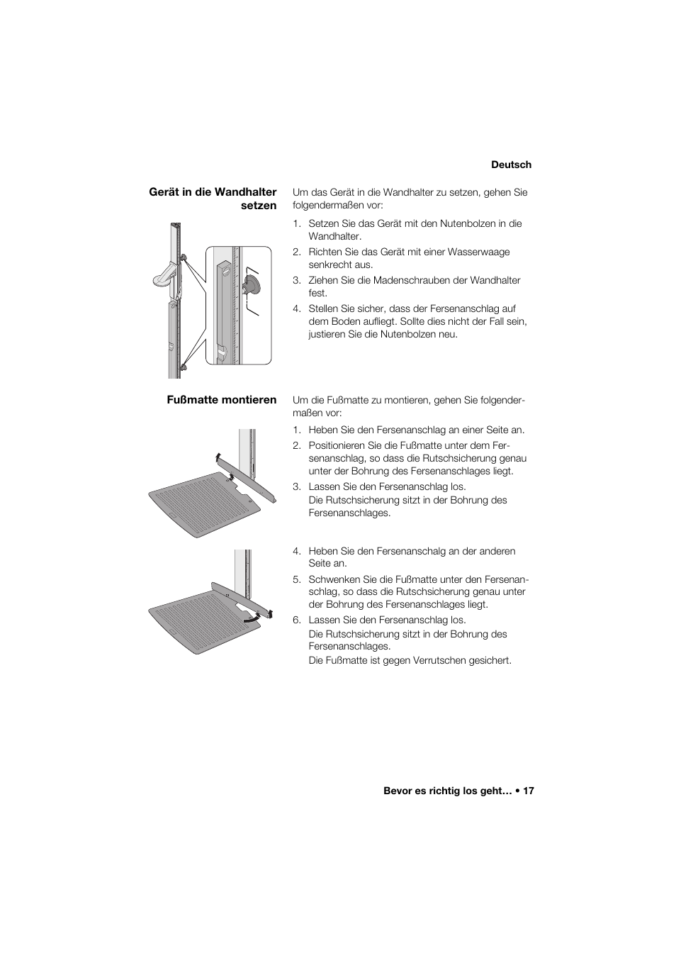 Gerät in die wandhalter setzen, Fußmatte montieren | Seca 264 User Manual | Page 17 / 275
