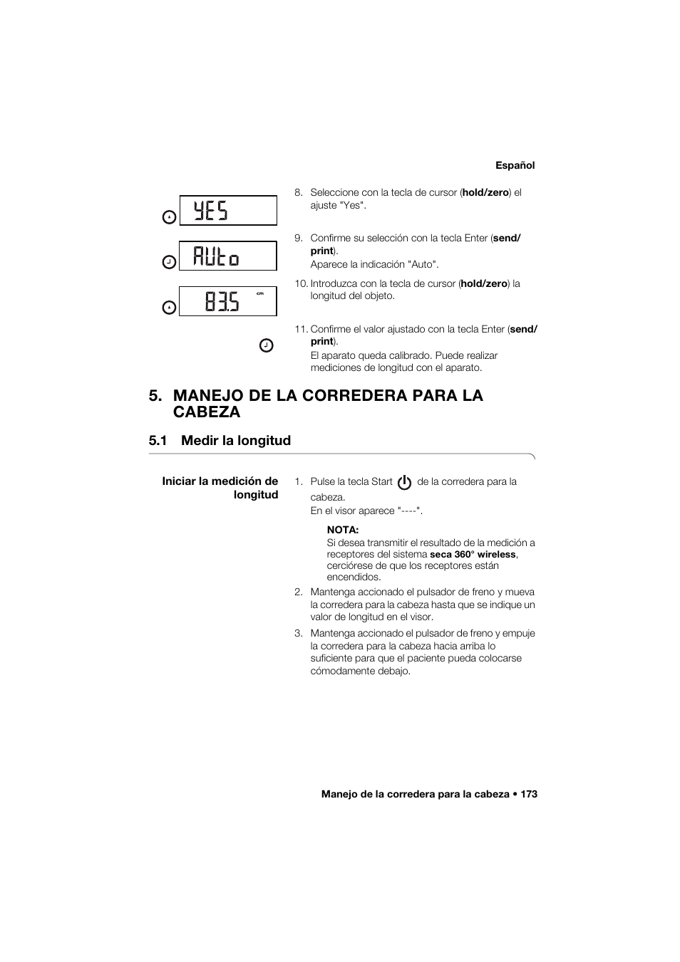 Manejo de la corredera para la cabeza, 1 medir la longitud, Iniciar la medición de longitud | Seca 264 User Manual | Page 173 / 275