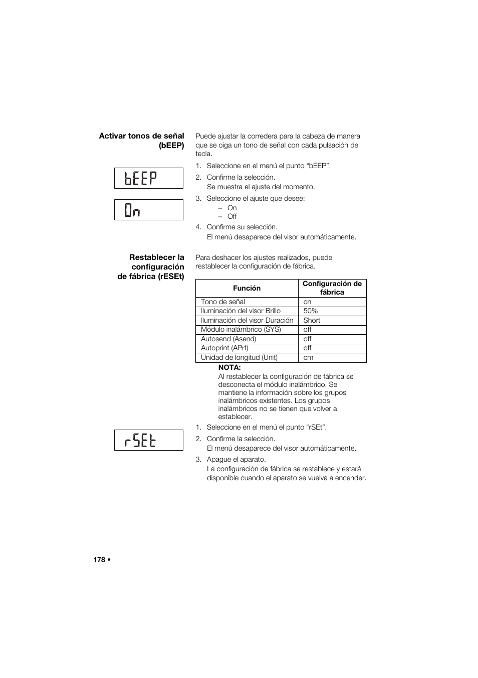 Activar tonos de señal (beep), Restablecer la configuración de fábrica (reset) | Seca 264 User Manual | Page 178 / 275