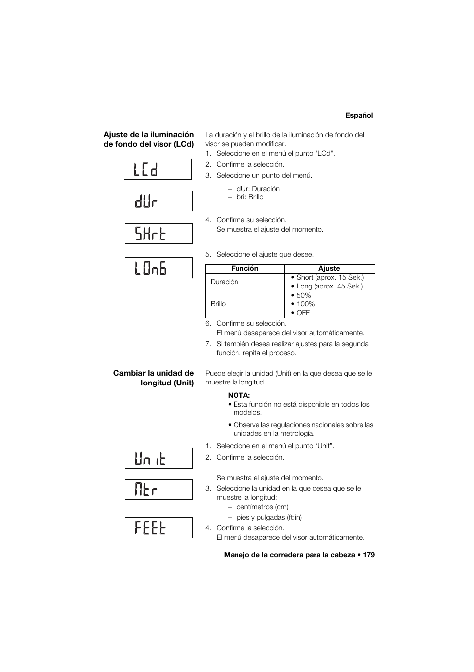 Ajuste de la iluminación de fondo del visor (lcd), Cambiar la unidad de longitud (unit) | Seca 264 User Manual | Page 179 / 275