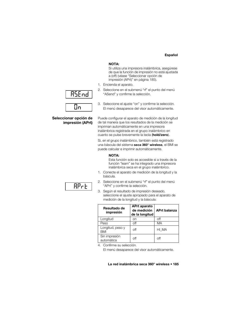 Seleccionar opción de impresión (aprt) | Seca 264 User Manual | Page 185 / 275
