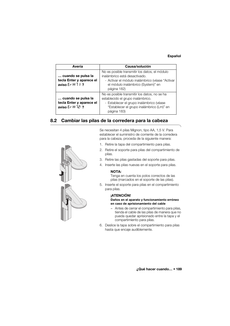 2 cambiar las pilas de la corredera para la cabeza | Seca 264 User Manual | Page 189 / 275