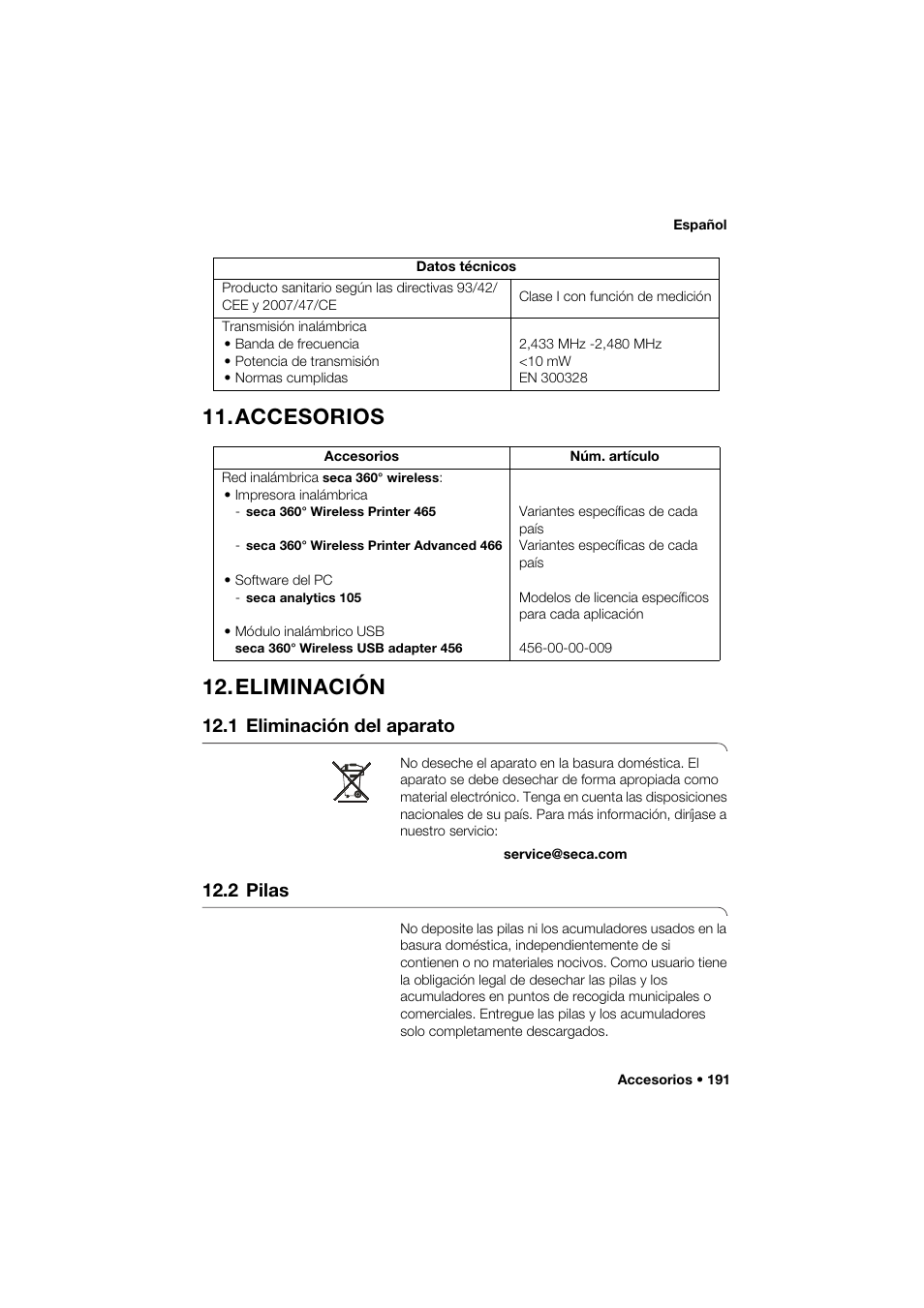 Accesorios, Eliminación, 1 eliminación del aparato | 2 pilas, Accesorios 12. eliminación | Seca 264 User Manual | Page 191 / 275