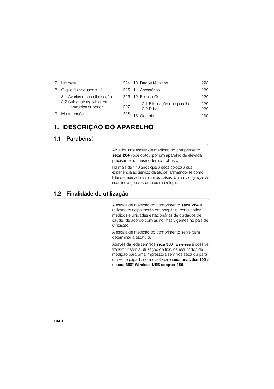 Descrição do aparelho, 1 parabéns, 2 finalidade de utilização | Seca 264 User Manual | Page 194 / 275