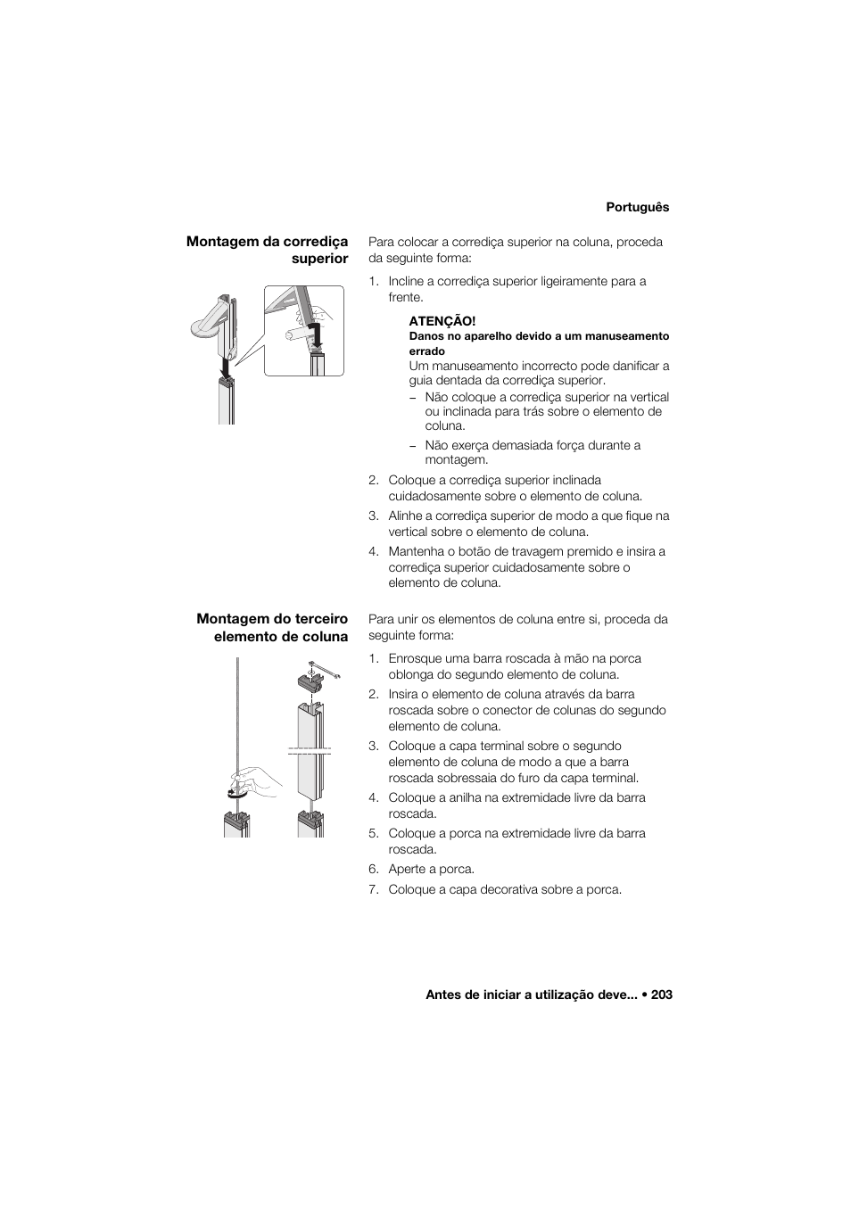 Montagem da corrediça superior, Montagem do terceiro elemento de coluna | Seca 264 User Manual | Page 203 / 275