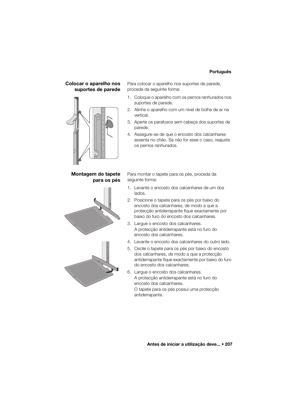 Colocar o aparelho nos suportes de parede, Montagem do tapete para os pés | Seca 264 User Manual | Page 207 / 275