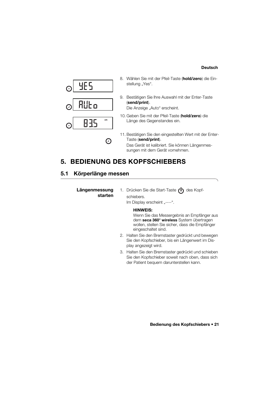Bedienung des kopfschiebers, 1 körperlänge messen, Längenmessung starten | Seca 264 User Manual | Page 21 / 275