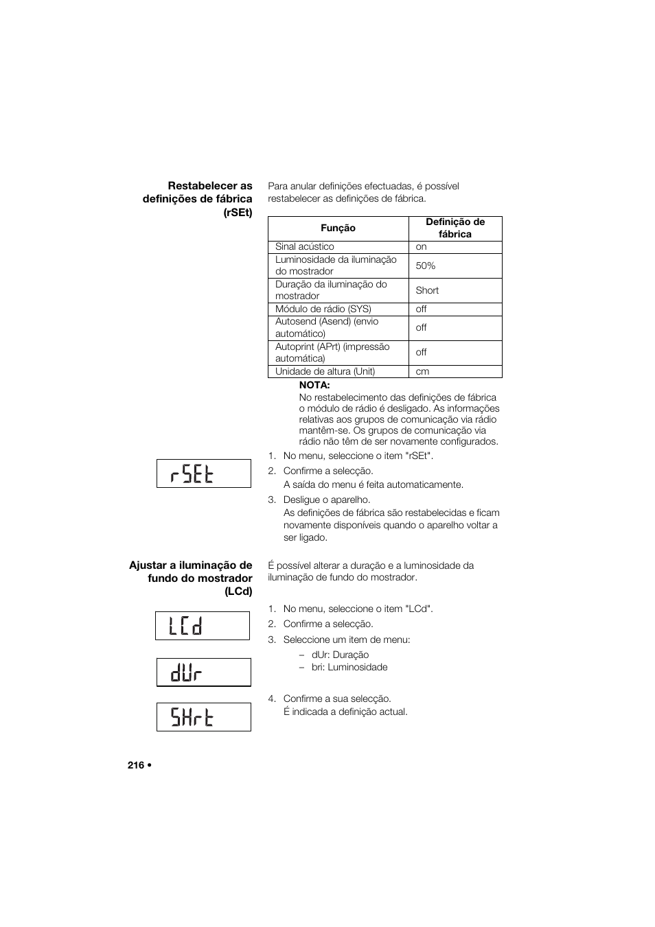 Restabelecer as definições de fábrica (rset), Ajustar a iluminação de fundo do mostrador (lcd) | Seca 264 User Manual | Page 216 / 275