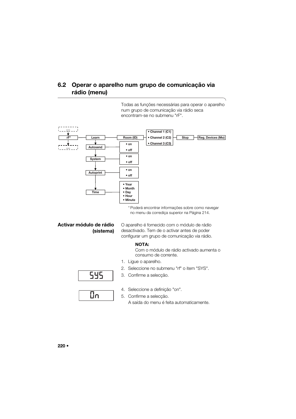 Activar módulo de rádio (sistema), 2 operar o aparelho num, Grupo de comunicação via rádio (menu) | Seca 264 User Manual | Page 220 / 275