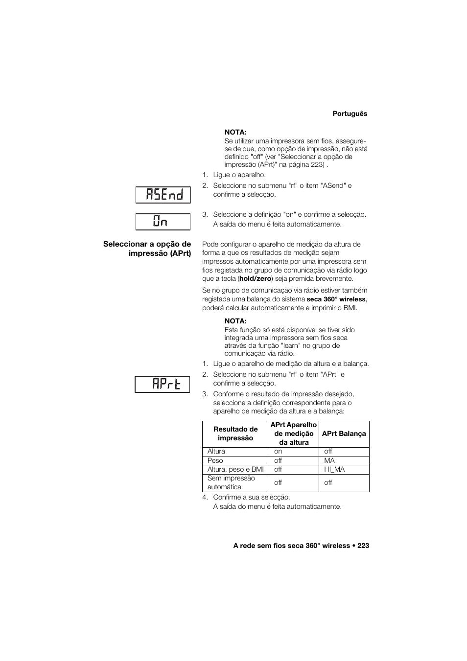 Seleccionar a opção de impressão (aprt) | Seca 264 User Manual | Page 223 / 275