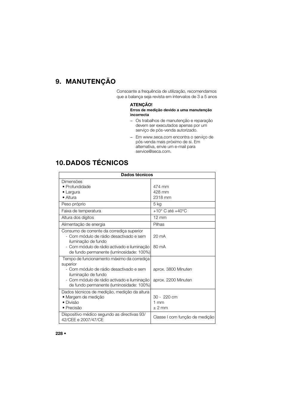 Manutenção, Dados técnicos | Seca 264 User Manual | Page 228 / 275