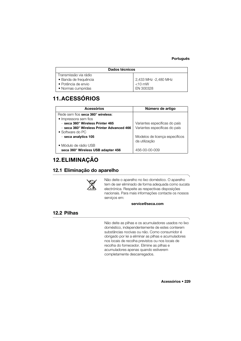 Acessórios, Eliminação, 1 eliminação do aparelho | 2 pilhas, Acessórios 12. eliminação | Seca 264 User Manual | Page 229 / 275