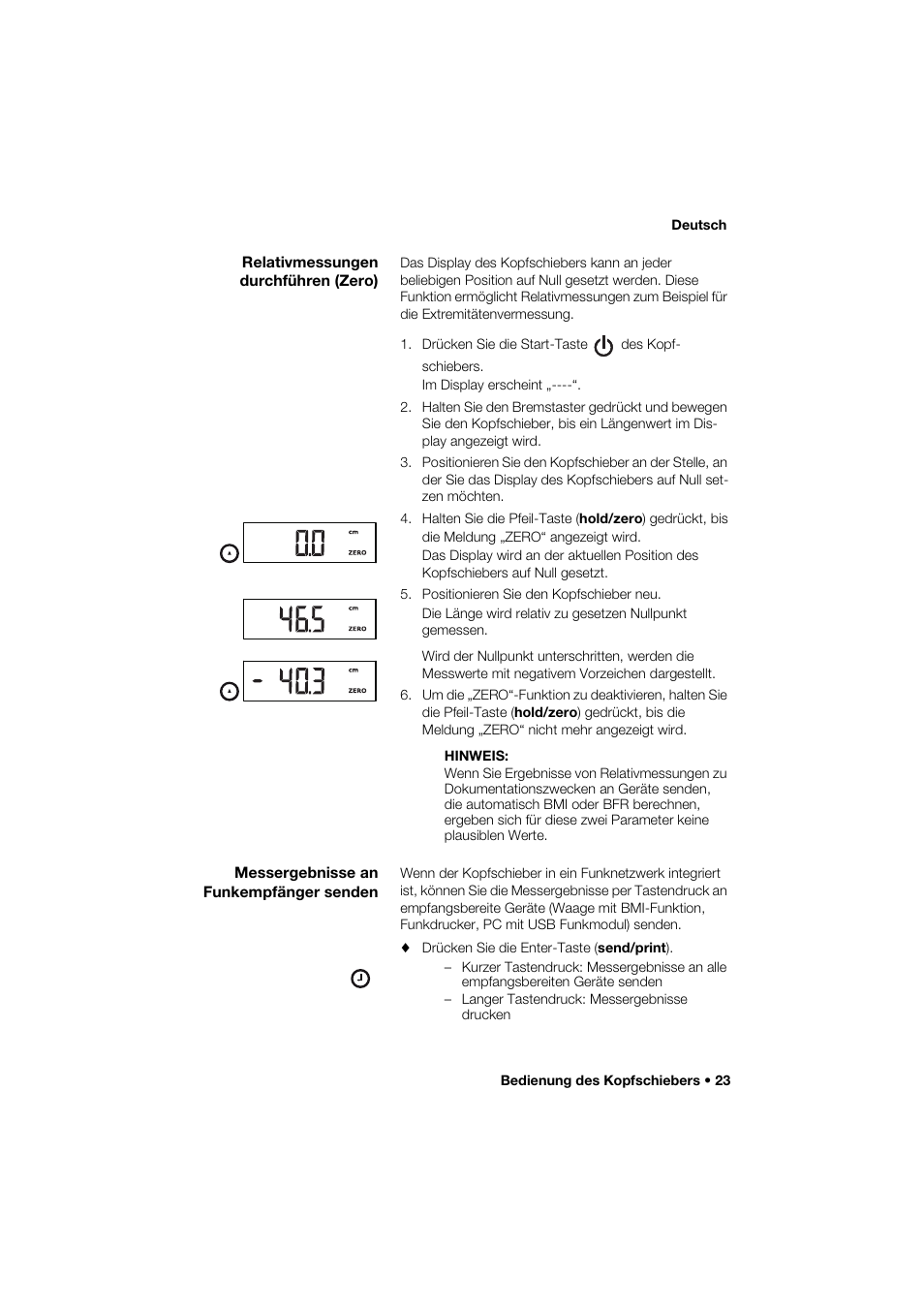 Relativmessungen durchführen (zero), Messergebnisse an funkempfänger senden | Seca 264 User Manual | Page 23 / 275