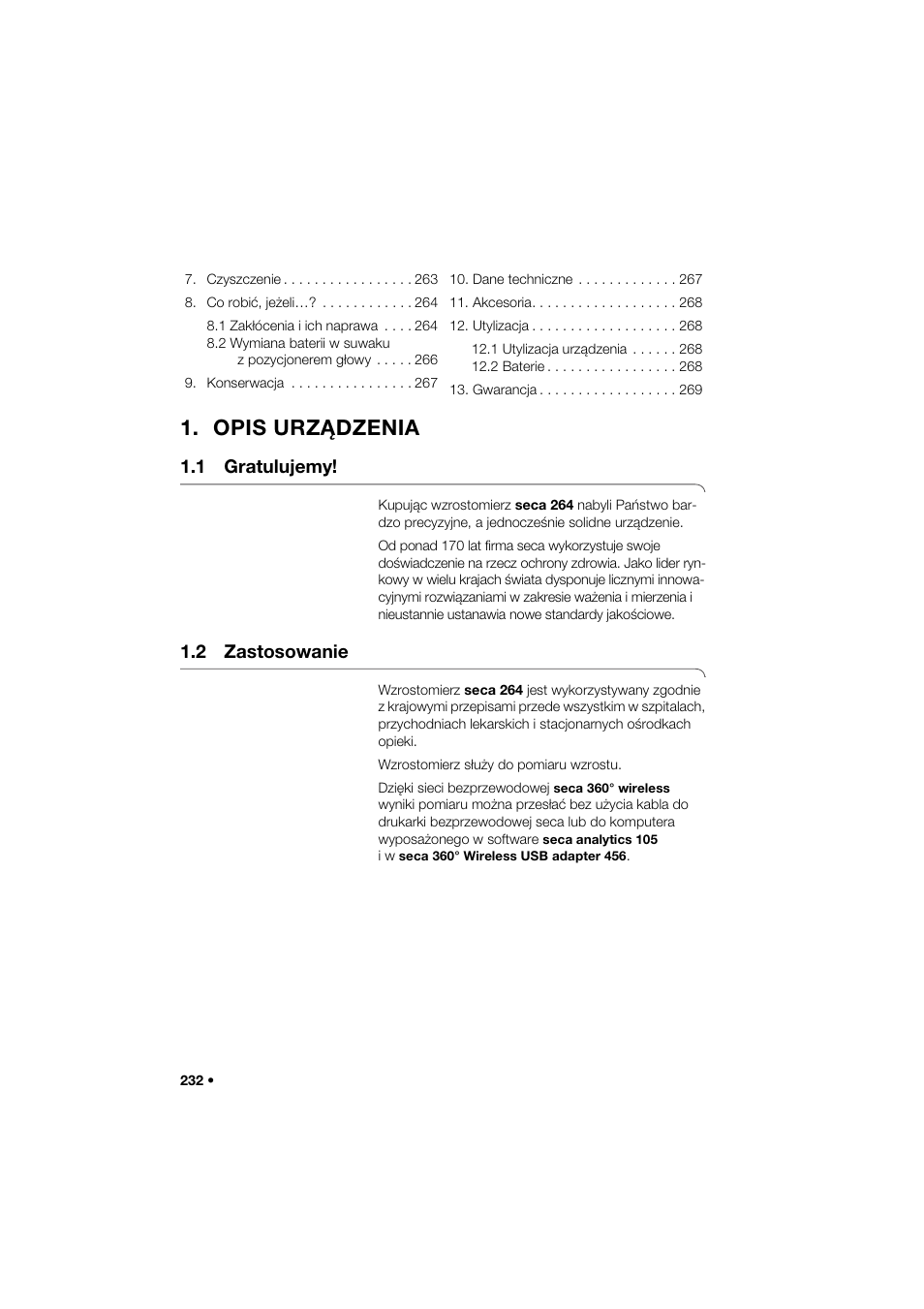 Opis urządzenia, 1 gratulujemy, 2 zastosowanie | Seca 264 User Manual | Page 232 / 275