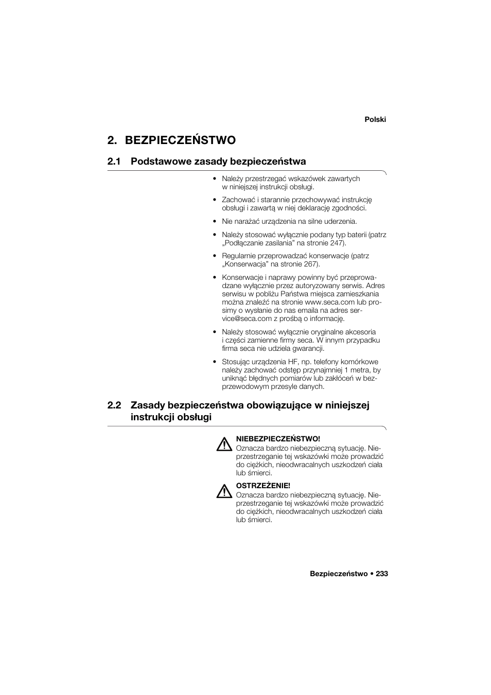 Bezpieczeństwo, 1 podstawowe zasady bezpieczeństwa | Seca 264 User Manual | Page 233 / 275