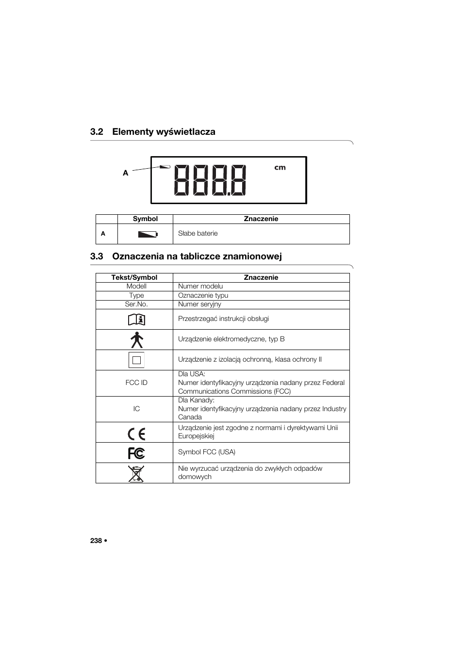 2 elementy wyświetlacza, 3 oznaczenia na tabliczce znamionowej | Seca 264 User Manual | Page 238 / 275
