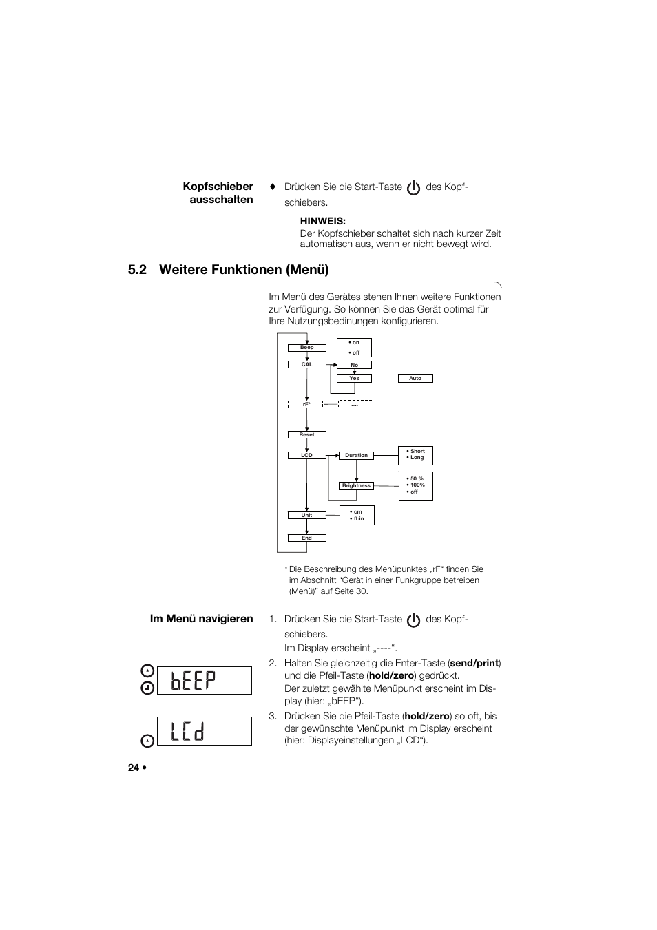 Kopfschieber ausschalten, 2 weitere funktionen (menü), Im menü navigieren | Seca 264 User Manual | Page 24 / 275