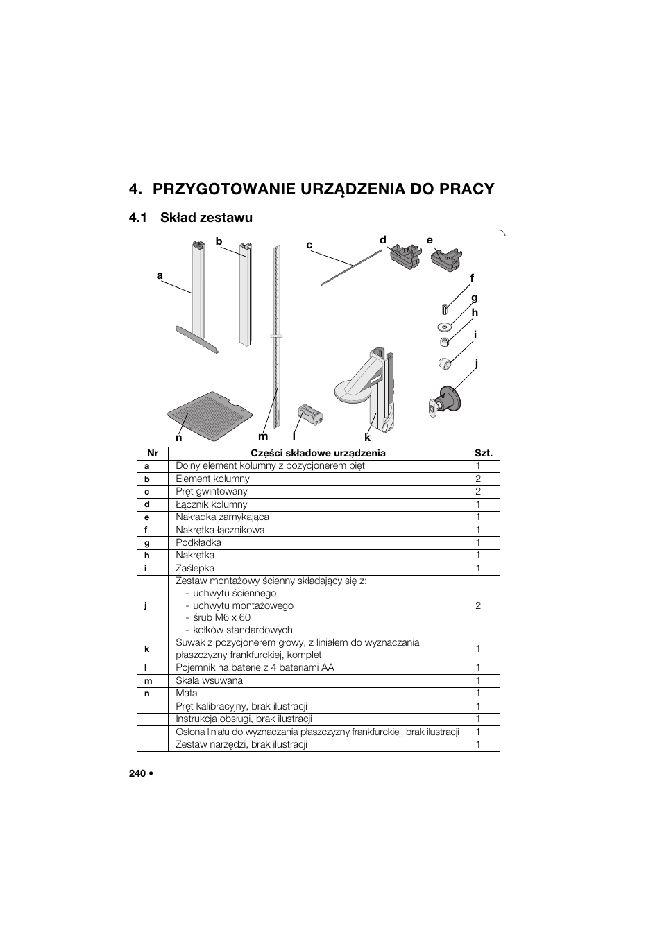 Przygotowanie urządzenia do pracy, 1 skład zestawu | Seca 264 User Manual | Page 240 / 275