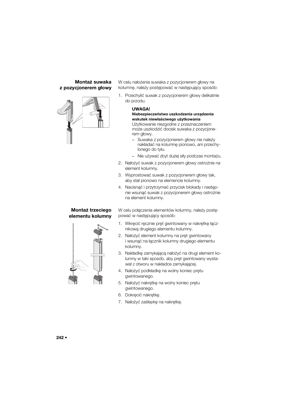 Montaż suwaka z pozycjonerem głowy, Montaż trzeciego elementu kolumny | Seca 264 User Manual | Page 242 / 275