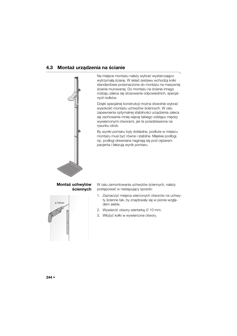 3 montaż urządzenia na ścianie, Montaż uchwytów ściennych | Seca 264 User Manual | Page 244 / 275