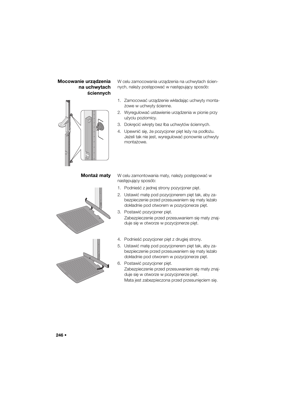 Mocowanie urządzenia na uchwytach ściennych, Montaż maty | Seca 264 User Manual | Page 246 / 275