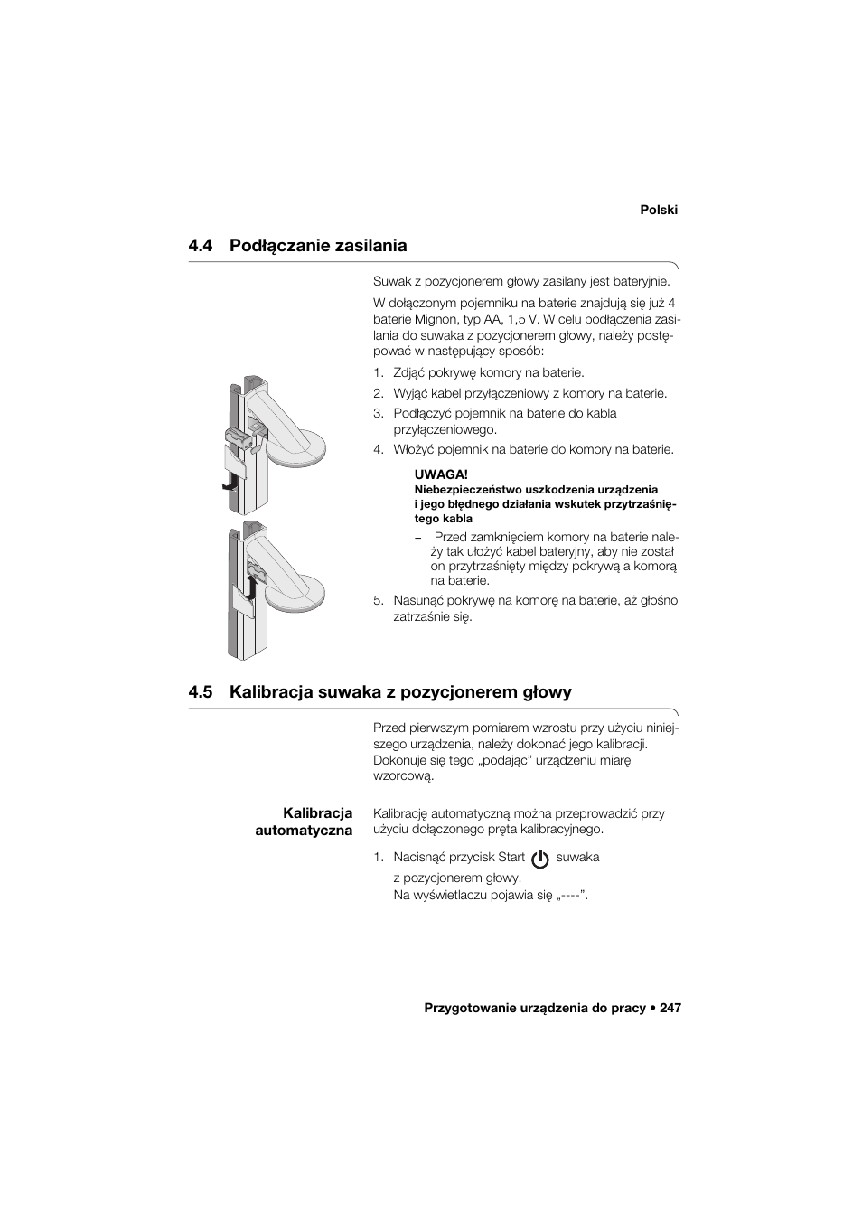 4 podłączanie zasilania, 5 kalibracja suwaka z pozycjonerem głowy, Kalibracja automatyczna | Seca 264 User Manual | Page 247 / 275