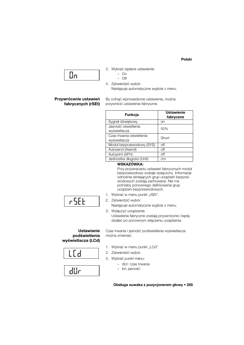 Przywrócenie ustawień fabrycznych (rset), Ustawianie podświetlenia wyświetlacza (lcd) | Seca 264 User Manual | Page 255 / 275