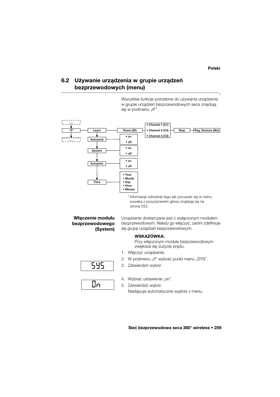 Włączenie modułu bezprzewodowego (system), 2 używanie urządzenia w, Grupie urządzeń bezprzewodowych (menu) | Seca 264 User Manual | Page 259 / 275