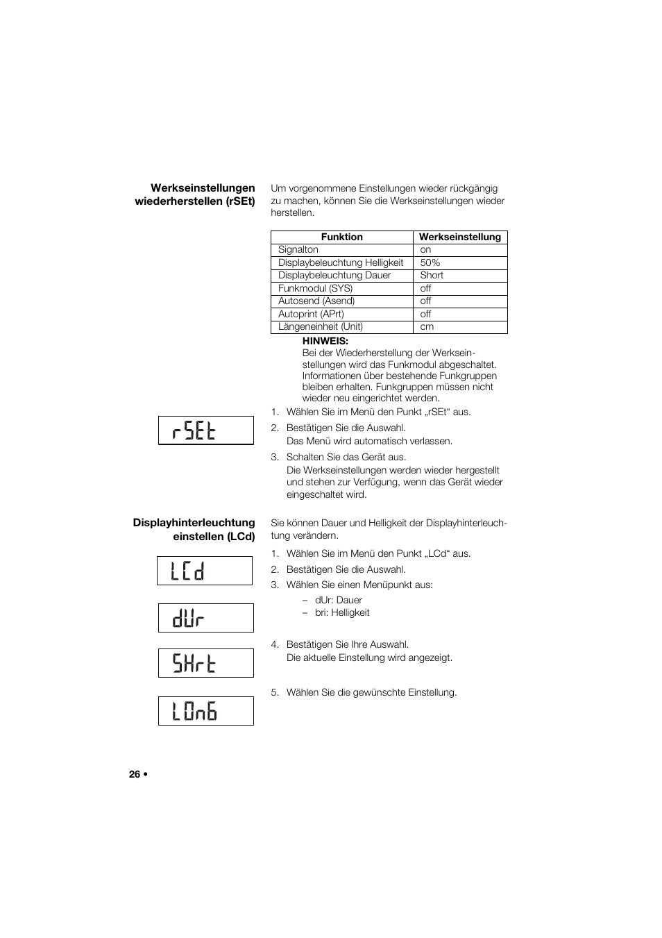 Werkseinstellungen wiederherstellen (rset), Displayhinterleuchtung einstellen (lcd) | Seca 264 User Manual | Page 26 / 275