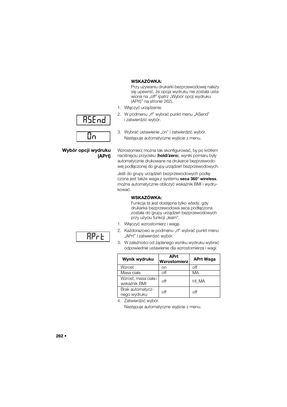 Wybór opcji wydruku (aprt) | Seca 264 User Manual | Page 262 / 275