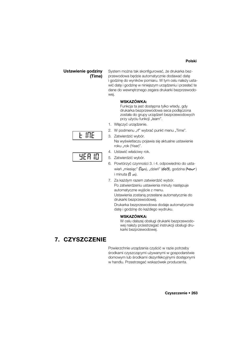 Ustawienie godziny (time), Czyszczenie | Seca 264 User Manual | Page 263 / 275