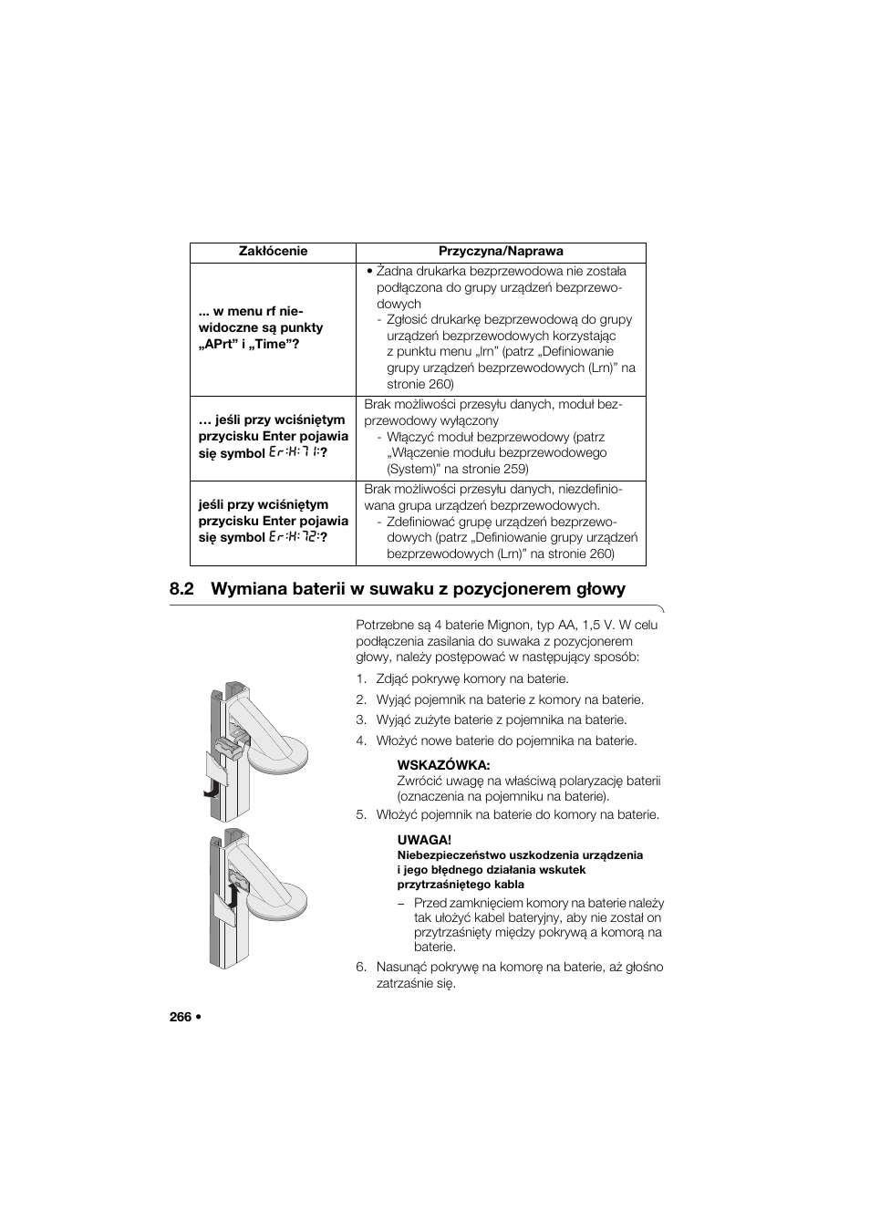 2 wymiana baterii w suwaku z pozycjonerem głowy | Seca 264 User Manual | Page 266 / 275