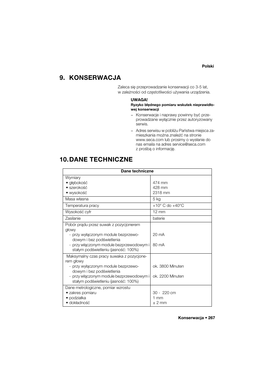 Konserwacja, Dane techniczne | Seca 264 User Manual | Page 267 / 275