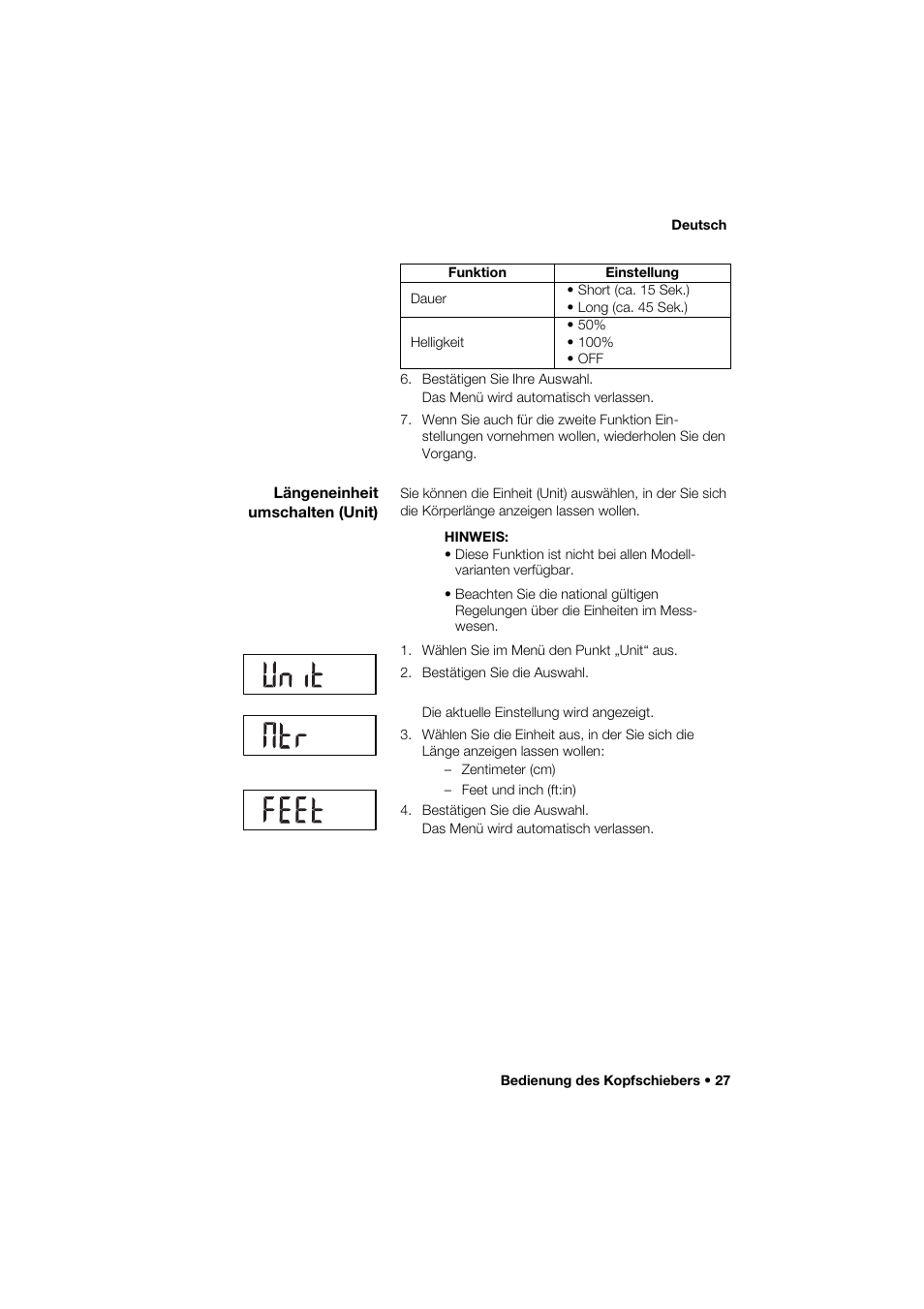 Längeneinheit umschalten (unit) | Seca 264 User Manual | Page 27 / 275