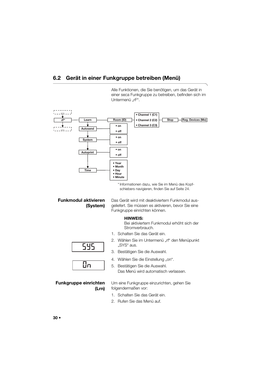 2 gerät in einer funkgruppe betreiben (menü), Funkmodul aktivieren (system), Funkgruppe einrichten (lrn) | 2 gerät in einer, Funkgruppe betreiben (menü) | Seca 264 User Manual | Page 30 / 275