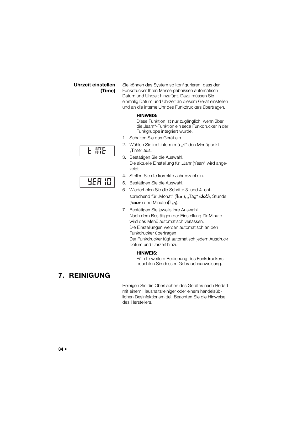 Uhrzeit einstellen (time), Reinigung | Seca 264 User Manual | Page 34 / 275