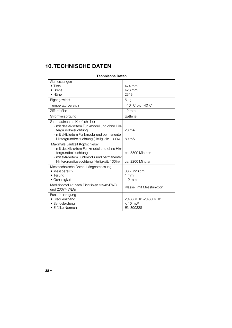 Technische daten | Seca 264 User Manual | Page 38 / 275