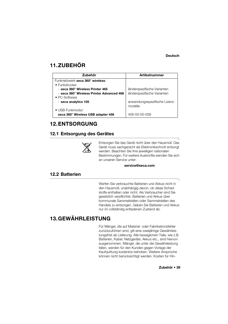 Zubehör, Entsorgung, 1 entsorgung des gerätes | 2 batterien, Gewährleistung, Zubehör 12. entsorgung | Seca 264 User Manual | Page 39 / 275