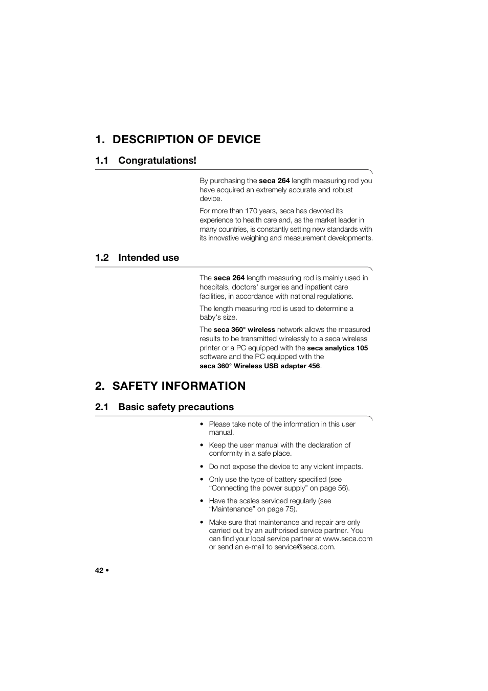Description of device, 1 congratulations, 2 intended use | Safety information, 1 basic safety precautions | Seca 264 User Manual | Page 42 / 275