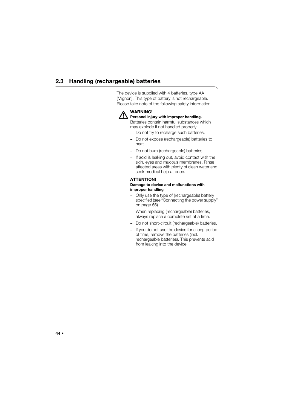 3 handling (rechargeable) batteries | Seca 264 User Manual | Page 44 / 275