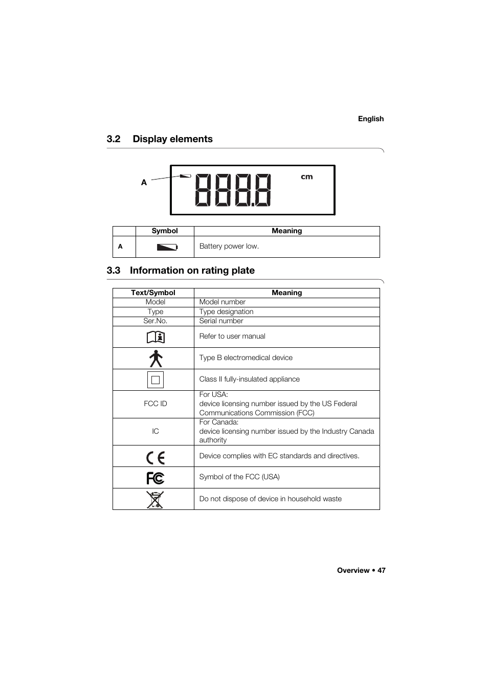 2 display elements, 3 information on rating plate, 2 display elements 3.3 information on rating plate | Seca 264 User Manual | Page 47 / 275