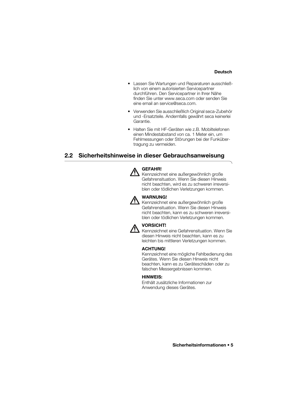 2 sicherheitshinweise in dieser gebrauchsanweisung | Seca 264 User Manual | Page 5 / 275