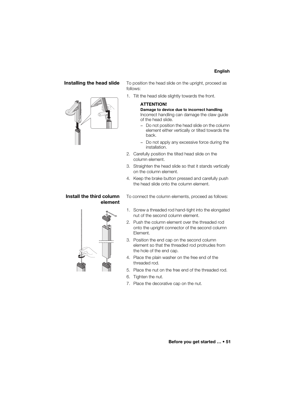 Installing the head slide, Install the third column element | Seca 264 User Manual | Page 51 / 275