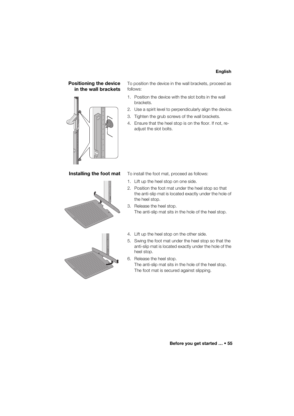 Positioning the device in the wall brackets, Installing the foot mat | Seca 264 User Manual | Page 55 / 275
