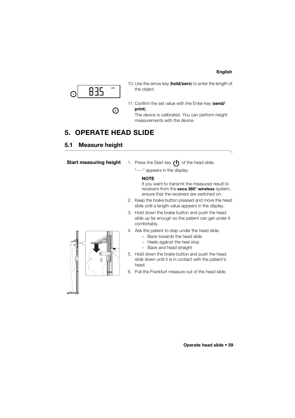 Operate head slide, 1 measure height, Start measuring height | Seca 264 User Manual | Page 59 / 275